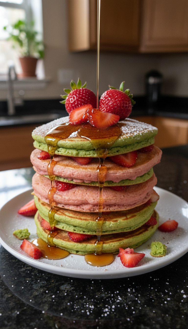 Fluffy Matcha Strawberry Pancakes