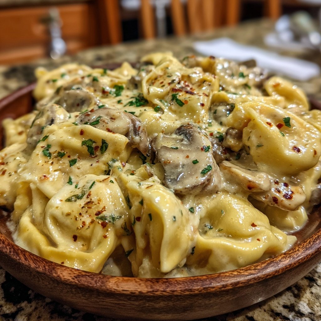 Creamy Asiago Chicken and Mushroom Tortellini